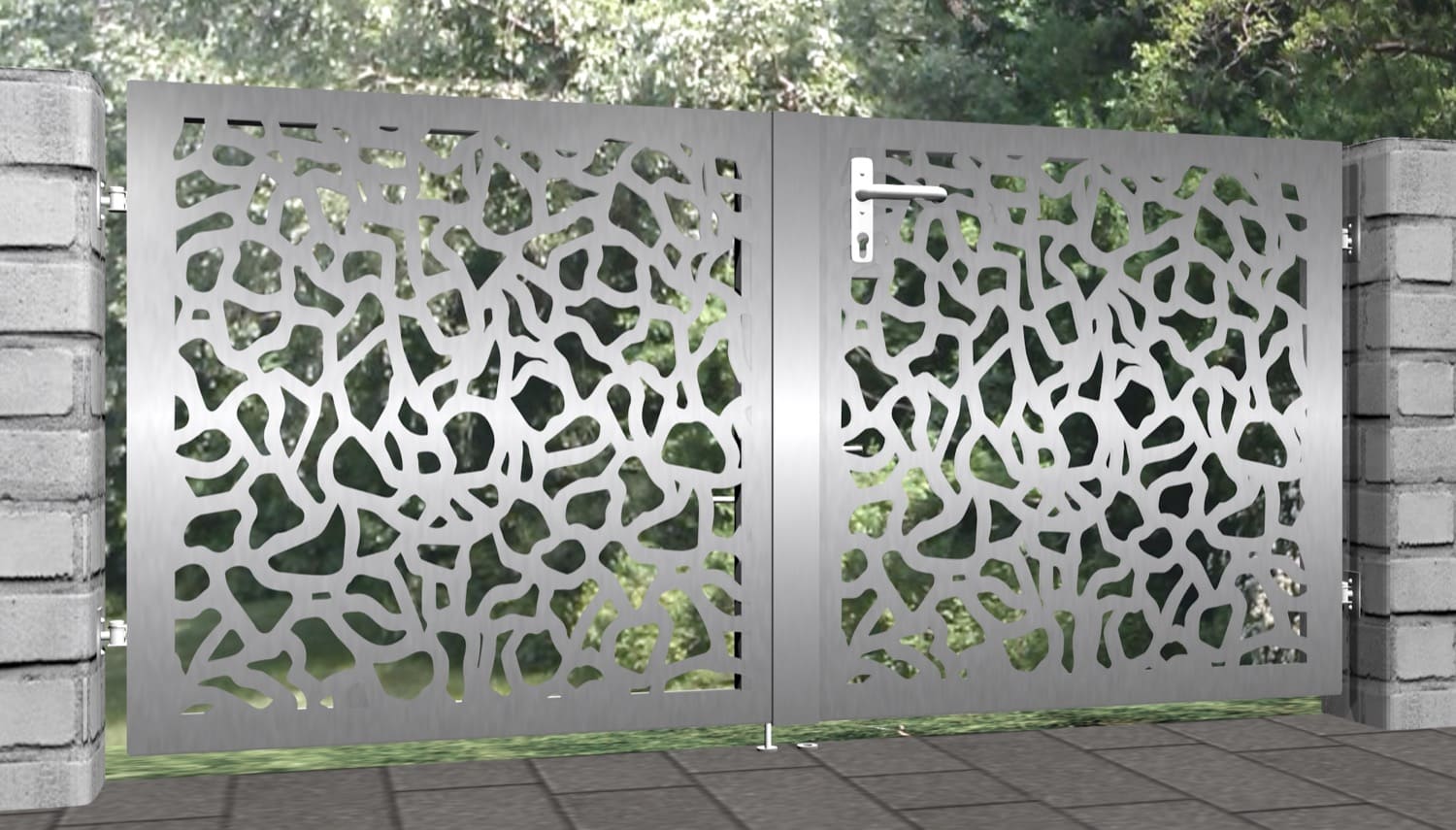 Tuinpoort roestvrij staal 2-vleugelig laser cut ontwerp AB 2