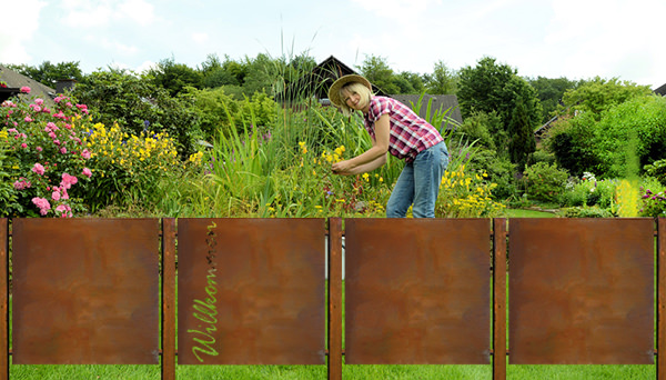 Gartenzaun Cortenstahl Modell "Ohne Motiv" und "Willkommen"