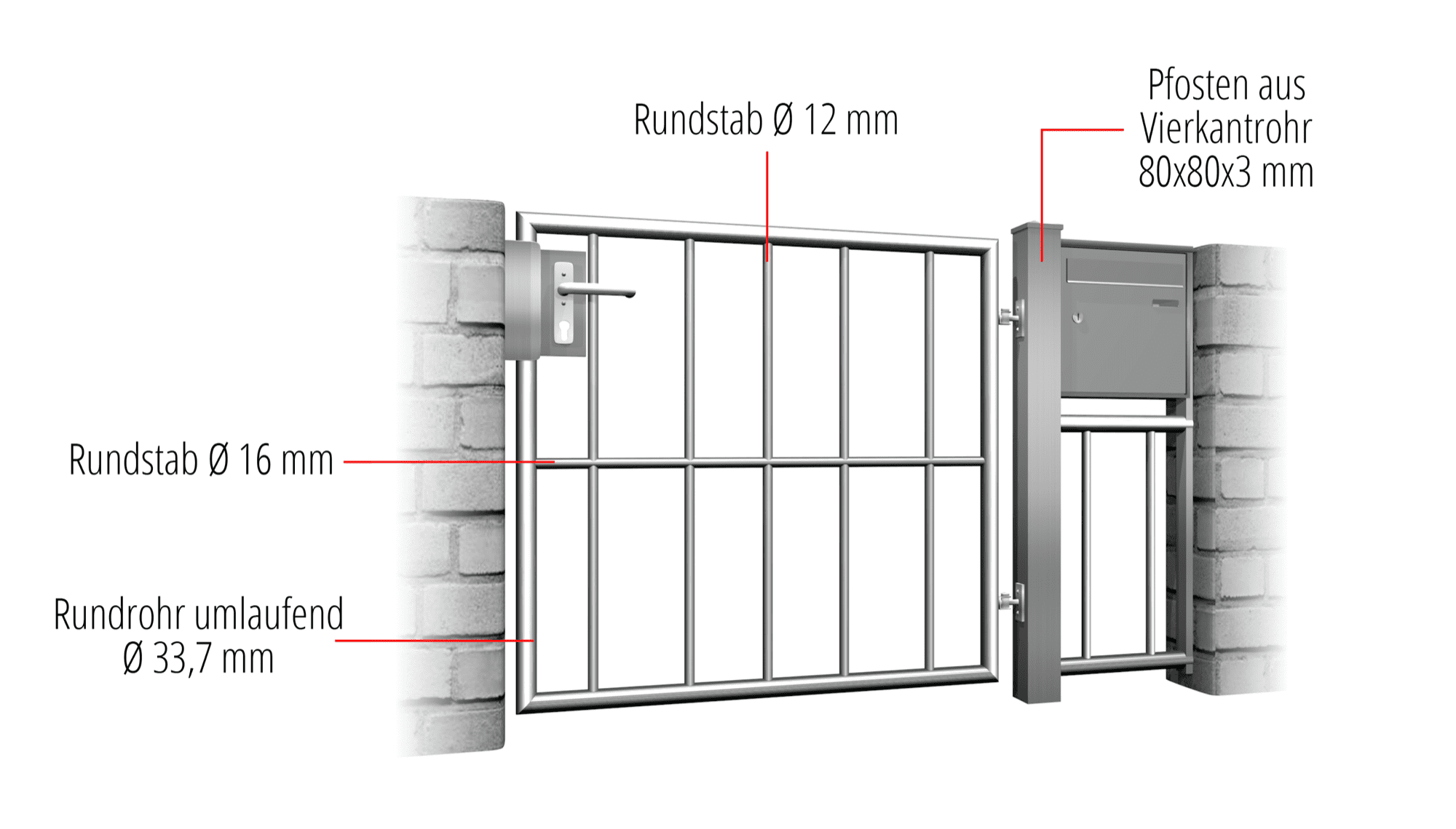 Tuindeur roestvrij staal 1-vleugelig verticale balk, GE, BK