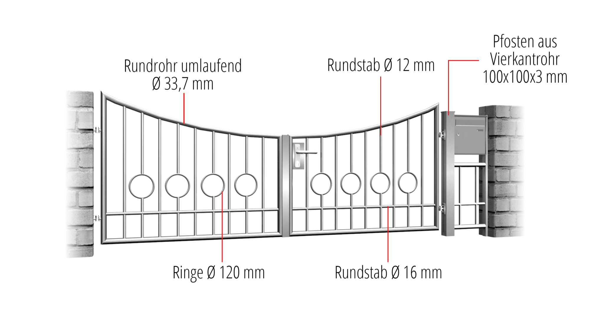 Tuinpoort Roestvrij Staal 2-vleugelig Cirkelbar 2 Onder, UB, BK