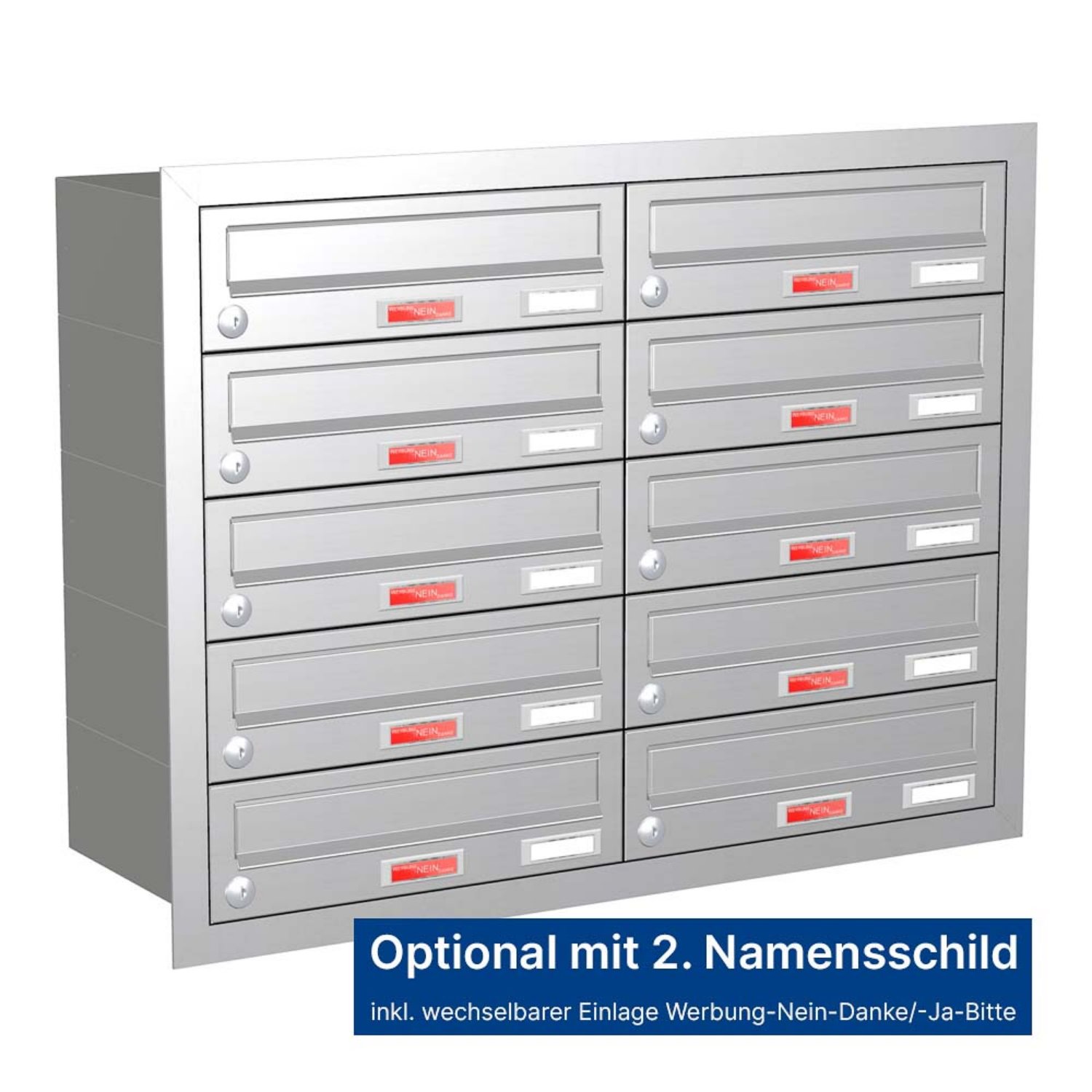 Briefkastenanlage | Unterputz | 10-fach | Waagerecht | Edelstahl