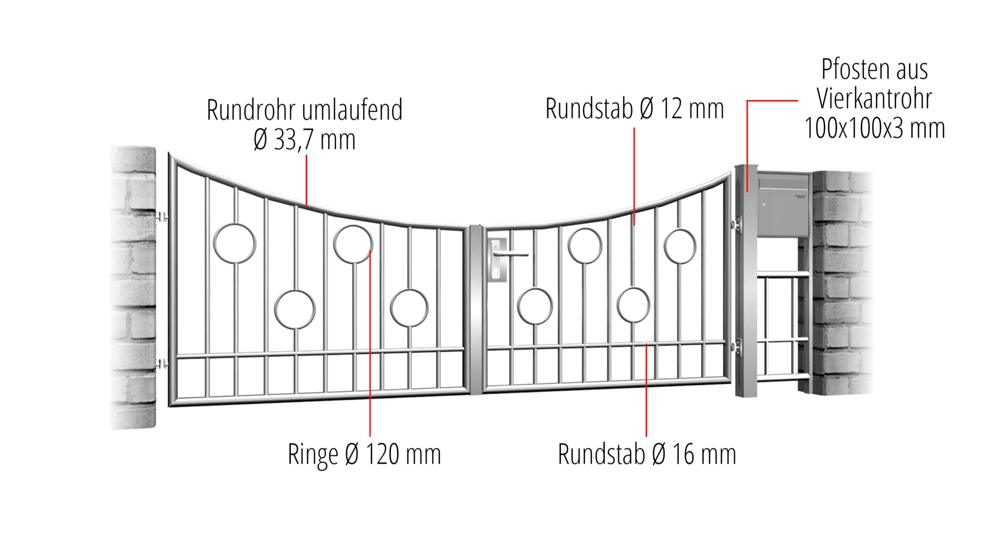 Tuinpoort Roestvrijstalen Cirkelstang met 2 bladen, UB, BK