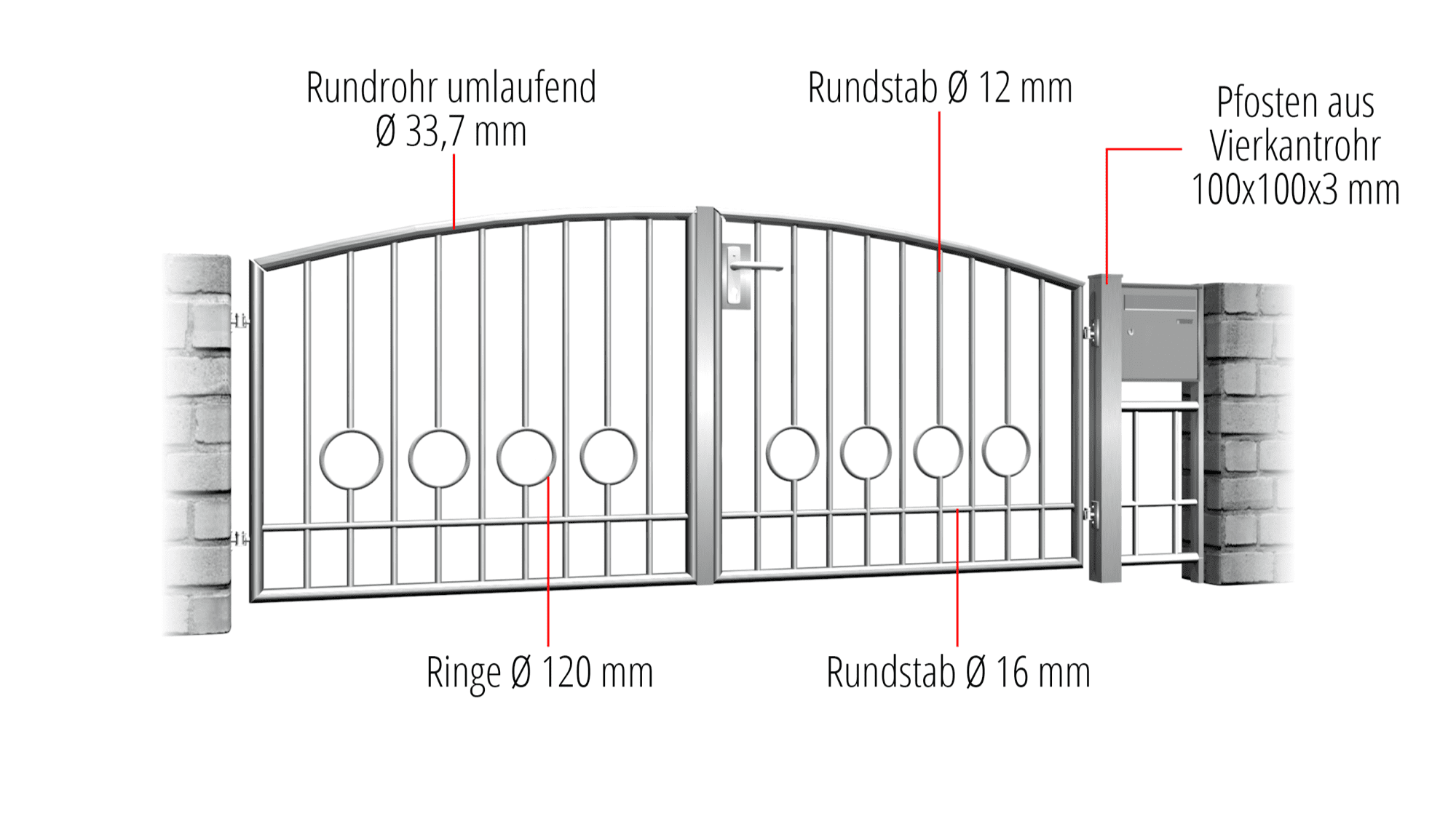 Tuinpoort Roestvrijstalen 2-vleugelig Cirkelbar 2-Bodem, OB, BK