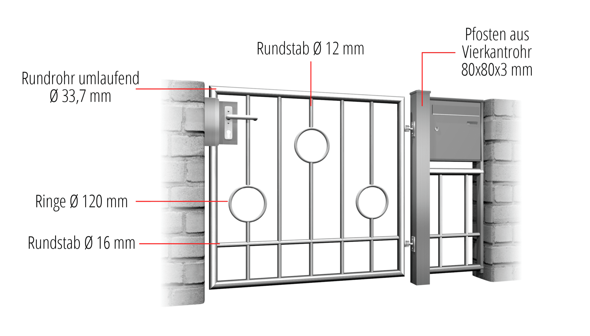 Tuindeur roestvrij staal 1-vleugel Cirkel bar, GE, BK